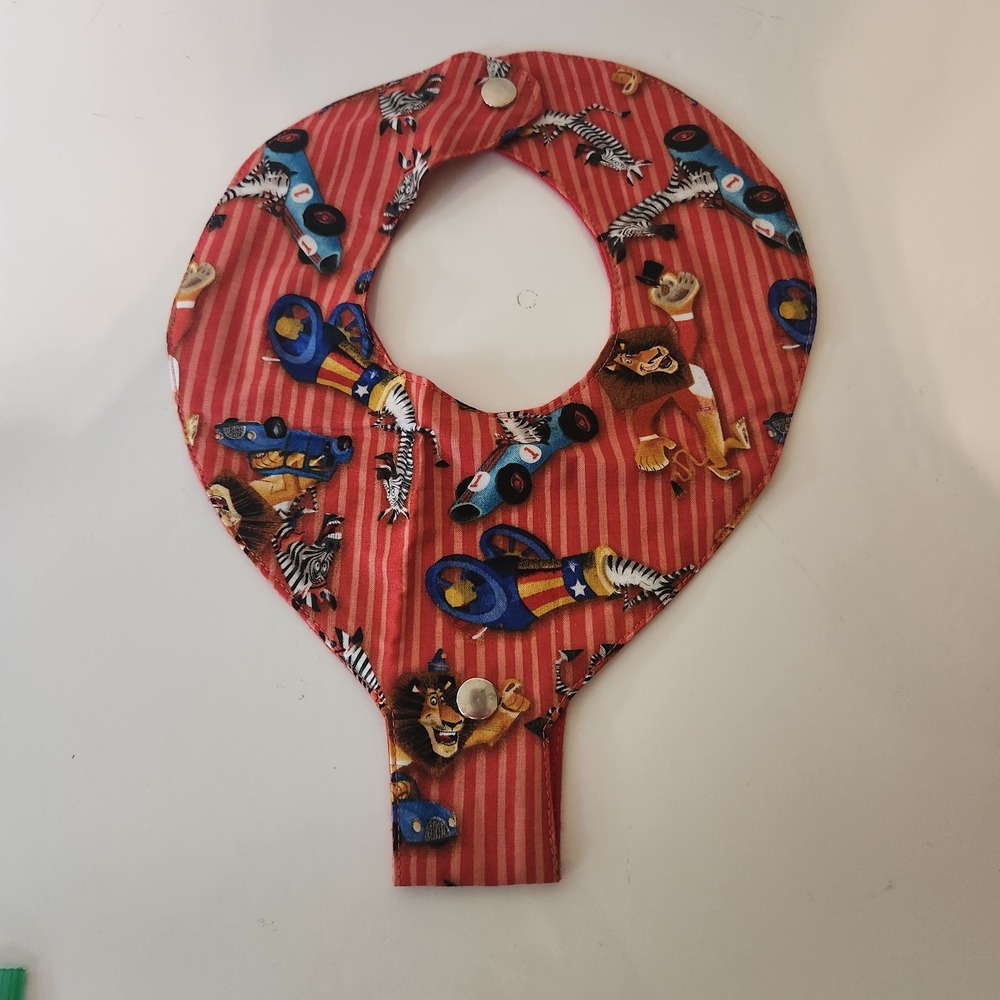 Handmade Circus Lion Zebra Race Car Red Striped Snap Feeding Bib suckie holder